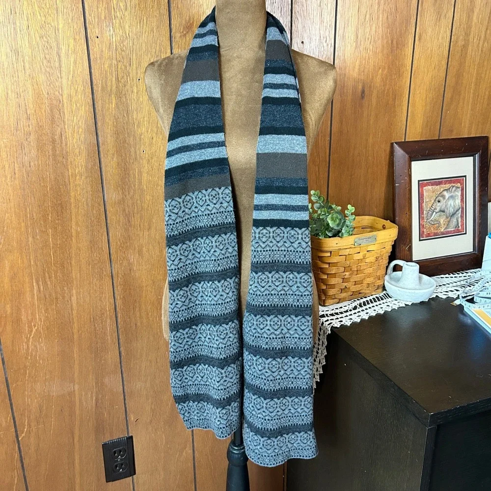 Mens Fair Isle‎ Knit Scarf Brown Gray Striped Geometric Winter Warm